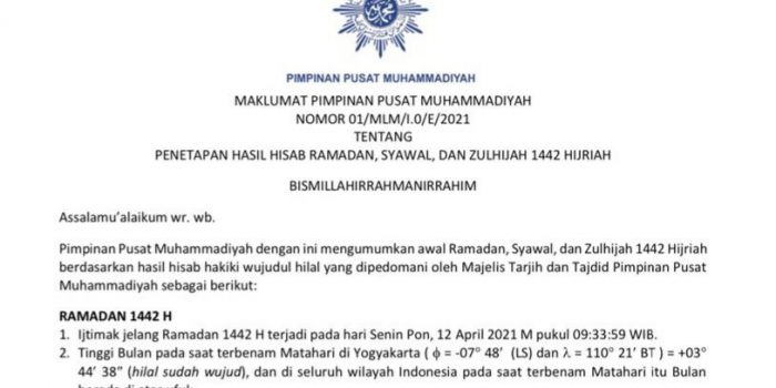 Muhammadiyah; 1 Ramadhan 1442 H Jatuh pada Tanggal 13 April 2021 M